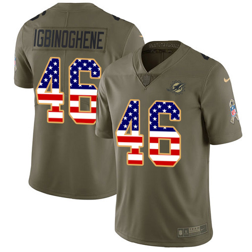 Miami Dolphins #46 Noah Igbinoghene Olive USA Flag Men Stitched NFL Limited 2017 Salute To Service Jersey